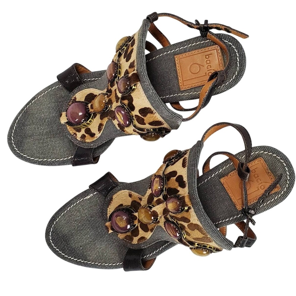 Bacio 61 Italian Leather Sling Back Sandals Size 9 Jewel Top Leopard Stack Heel